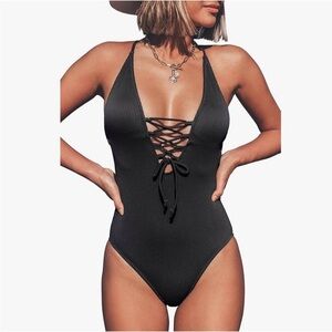 CUPSHE Black Ribbed V-neck lace up one piece swimsuit small NEW